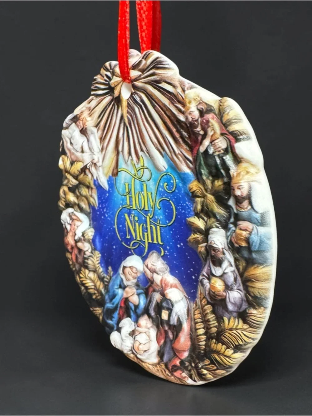 NIB O Holy Night Nativity Ornament 3D Porcelain Religious Christmas Decor